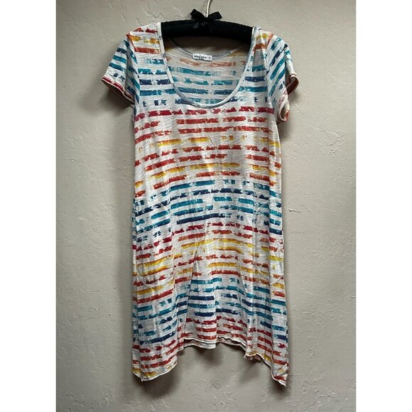 Allen Allen Womens Scoop Neck Multicolor Striped Short Sleeve Tunic Top Medium - Picture 1 of 7